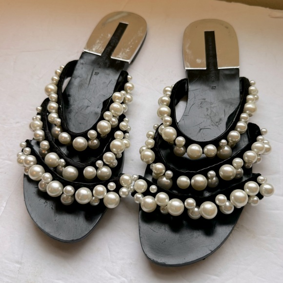 Zara Pearl Embellished Straps Flat Sandals Flats Faux Leather Slides Mules Shoes - Picture 2 of 16